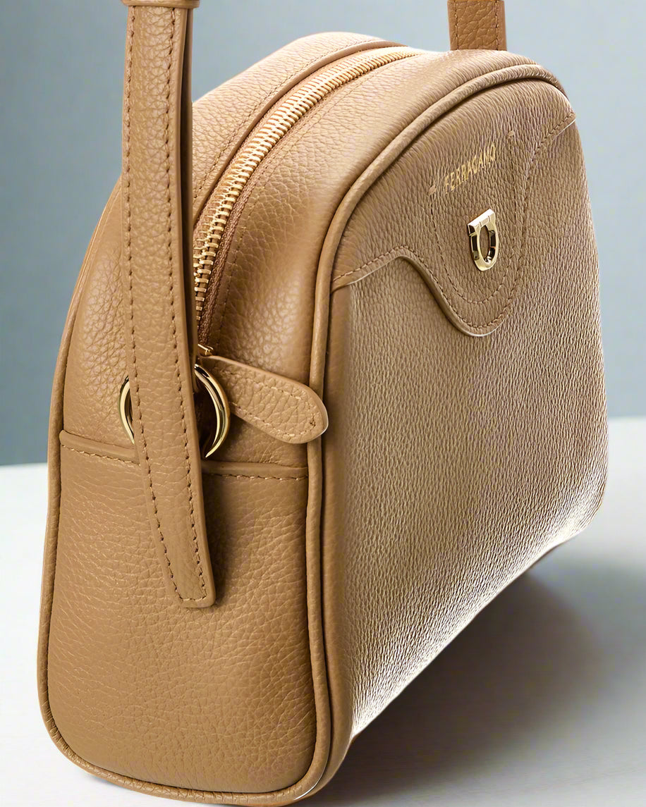 Ferragamo Camel Leather Shoulder Bag with Gold‑Tone Gancini Detail