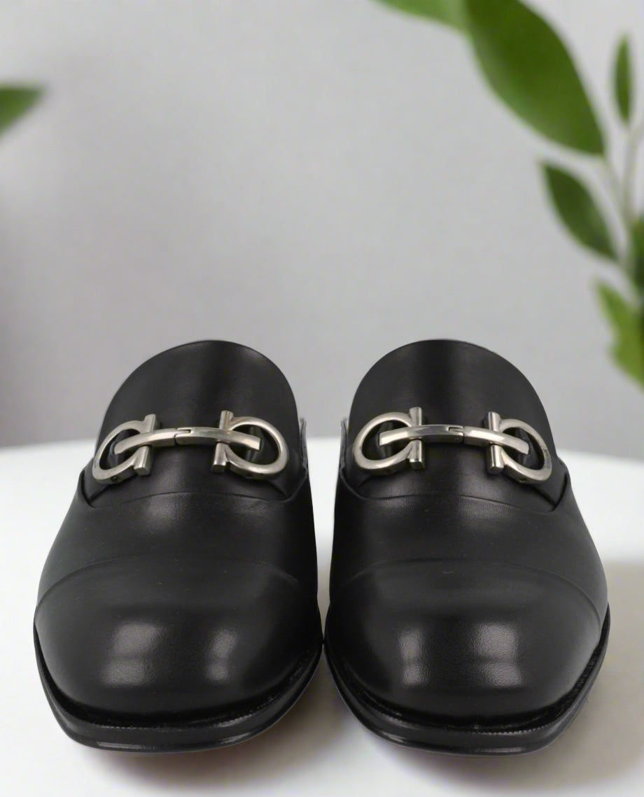 Gab Gancini Black Calfskin Loafer Mules with Silver Accent