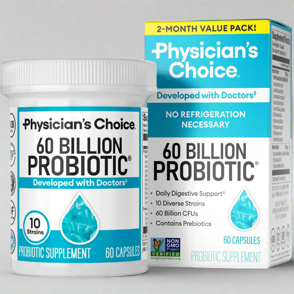 Physician's Choice 60 Billion Probiotic supplement container and packaging on a white background