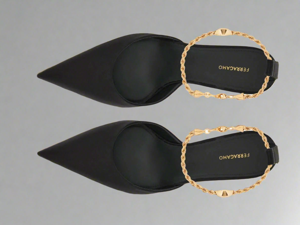 Salvatore Ferragamo Satin Black 70mm Cable-Link Chain Pointed Toe Pumps