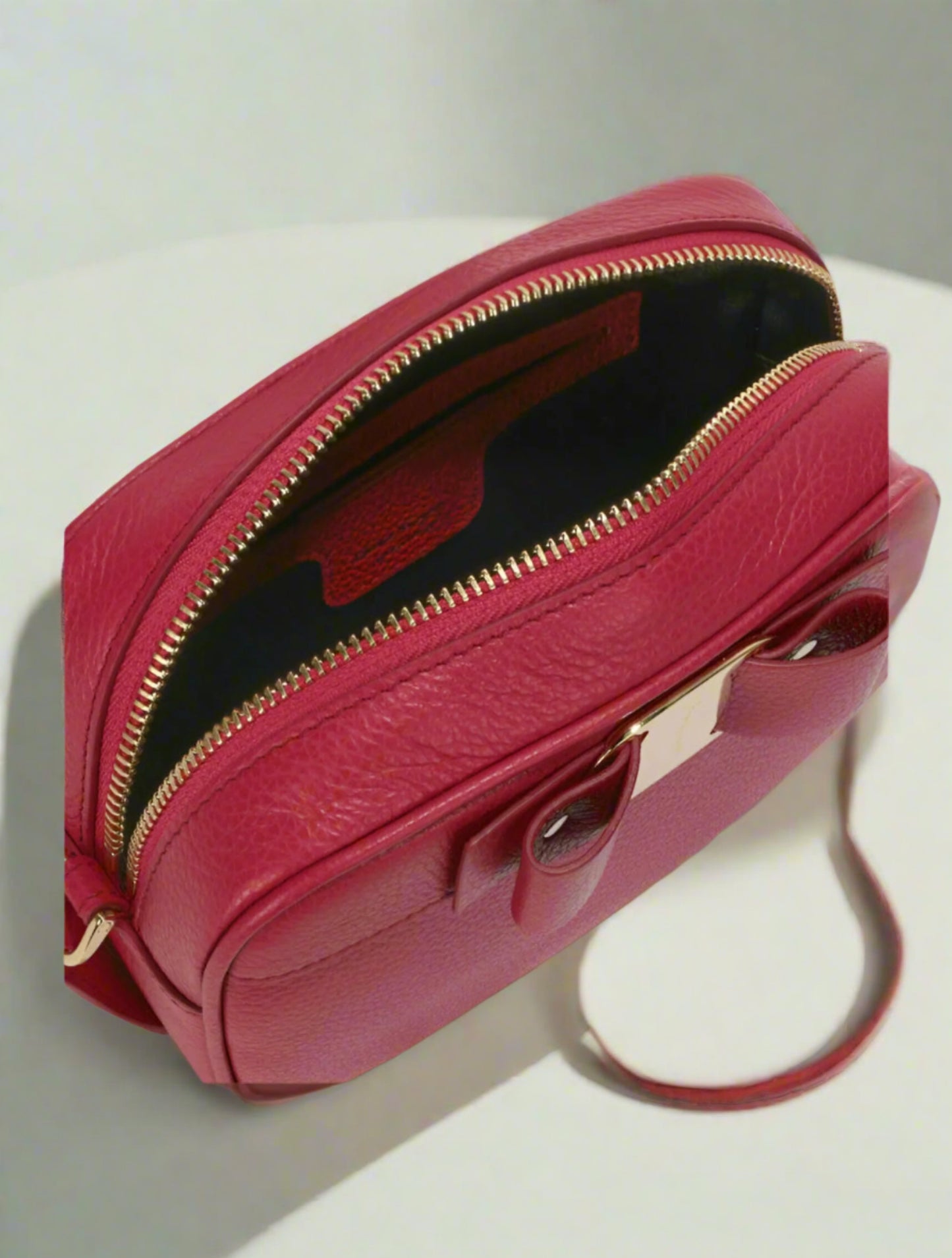 Pink Ferragamo Vara Bow Camera Crossbody Bag with Gold Hardware