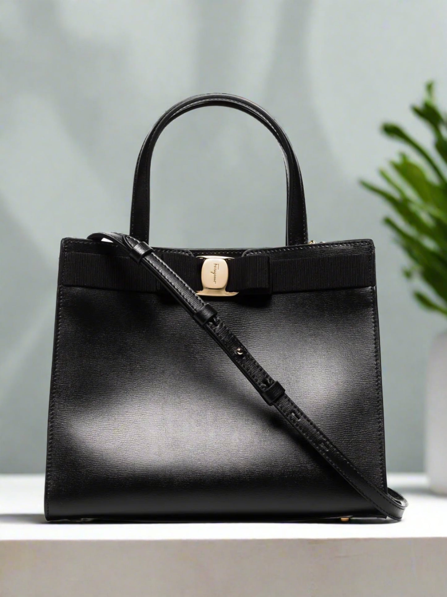 Salvatore Ferragamo Black Luxury Leather Tote Handbag Elegant