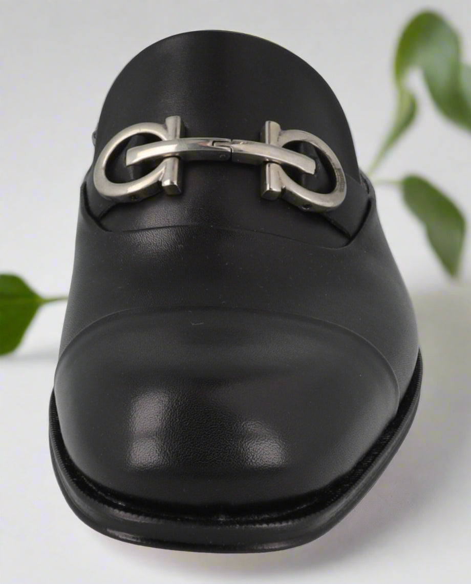 Gab Gancini Black Calfskin Loafer Mules with Silver Accent