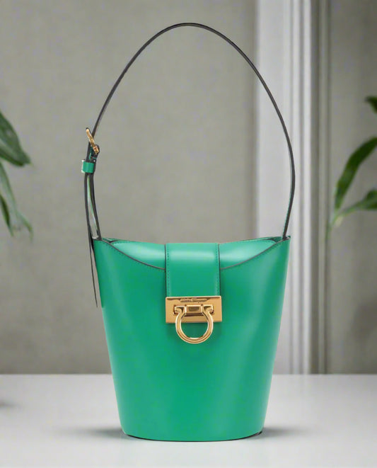 Ferragamo Small Trifolio Green Calfskin Elegant Shoulder Bag