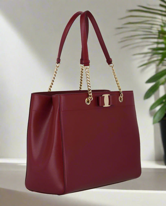 Red Salvatore Ferragamo Vara Bow Smooth Leather Tote Handbag
