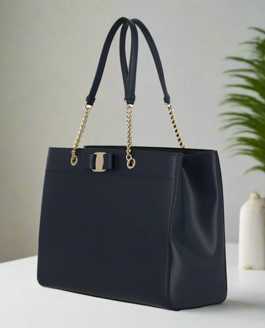 Ferragamo Vara Bow Smooth Leather Tote Blue Elegant