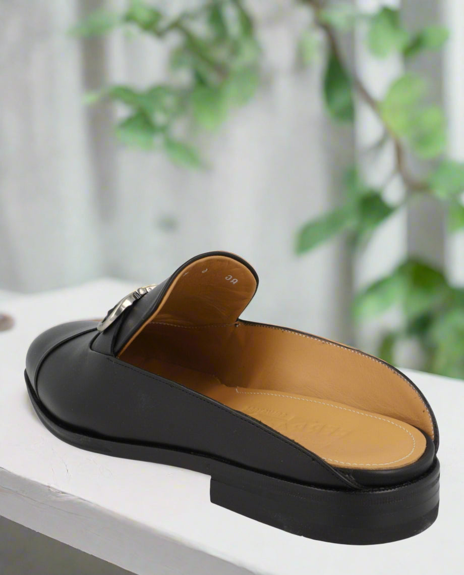 Gab Gancini Black Calfskin Loafer Mules with Silver Accent