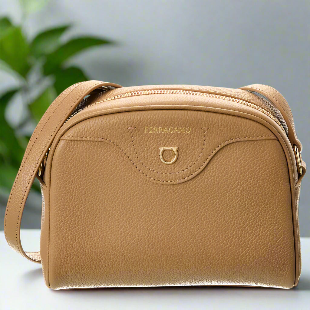 Ferragamo Camel Leather Shoulder Bag with Gold‑Tone Gancini Detail