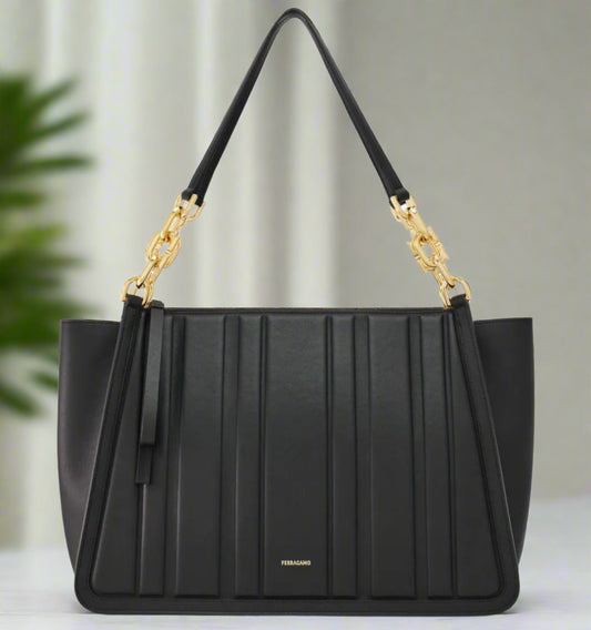 Salvatore Ferragamo Black Calfskin Panelled Leather Tote Bag