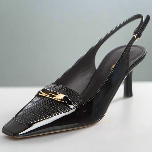 Salvatore Ferragamo Black Patent Slingback Pump with Gold Hardware