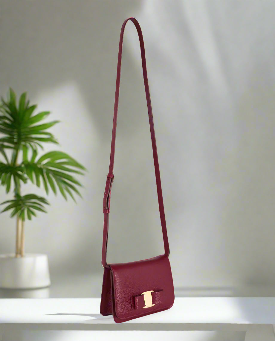 Ferragamo Vara Bow Burgundy Crossbody Bag with Gold Accents