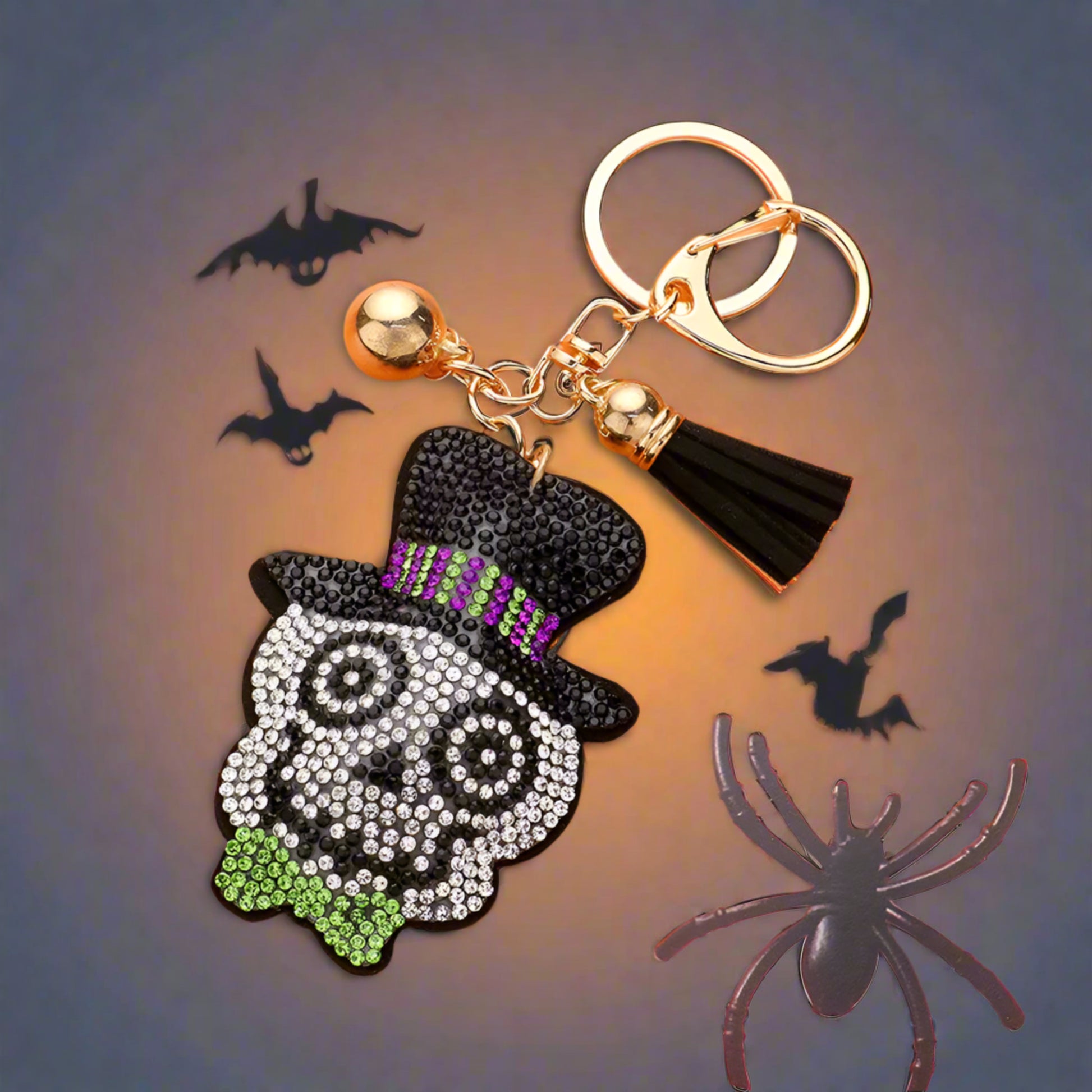 Sparkling Halloween Skull Keychain with Top Hat and Bow Tie