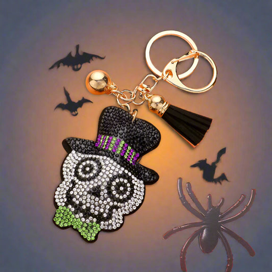 Sparkling Halloween Skull Keychain with Top Hat and Bow Tie