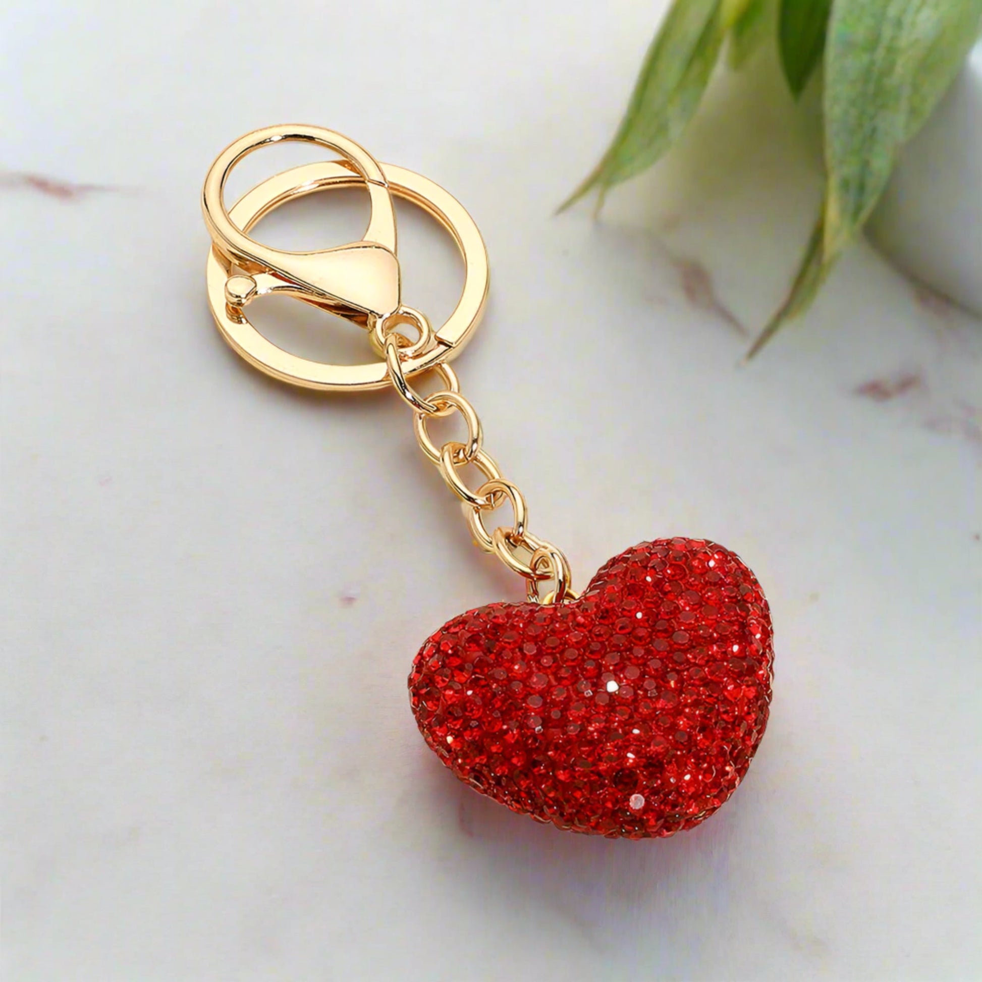 Bling Studded Puffy Heart Keychain with Gold-Red Glitter Charm