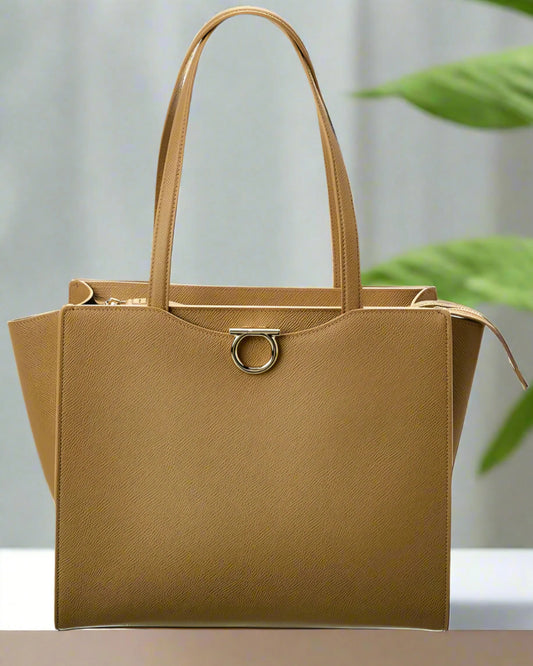 Salvatore Ferragamo Gemini Camel Leather Tote Handbag Elegant