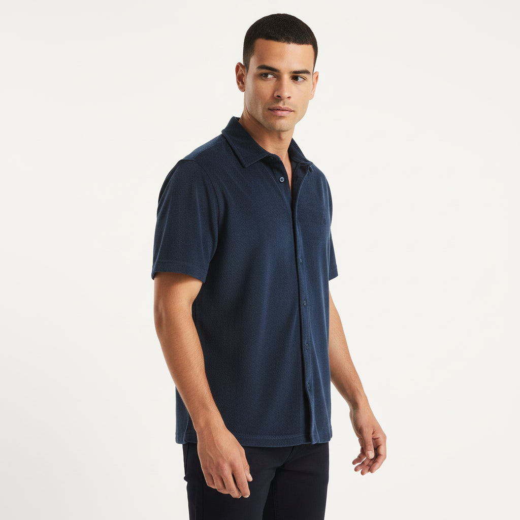Nautica Mens Classic Fit Button-Front Terry Polo Shirt Navy
