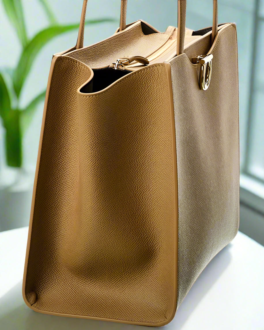 Salvatore Ferragamo Gemini Camel Leather Tote Handbag Elegant