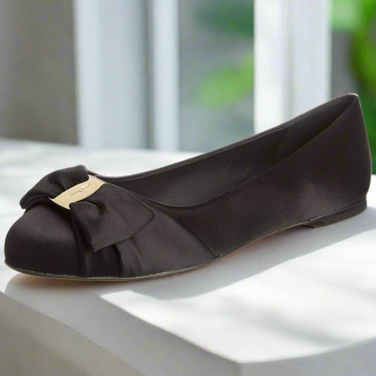 Salvatore Ferragamo Varina Black Satin Flat Women's Luxury Shoes