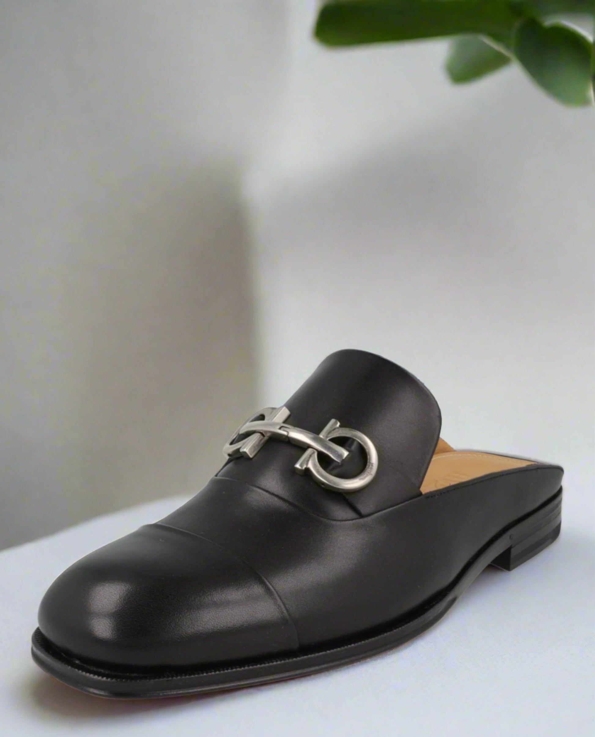 Gab Gancini Black Calfskin Loafer Mules with Silver Accent