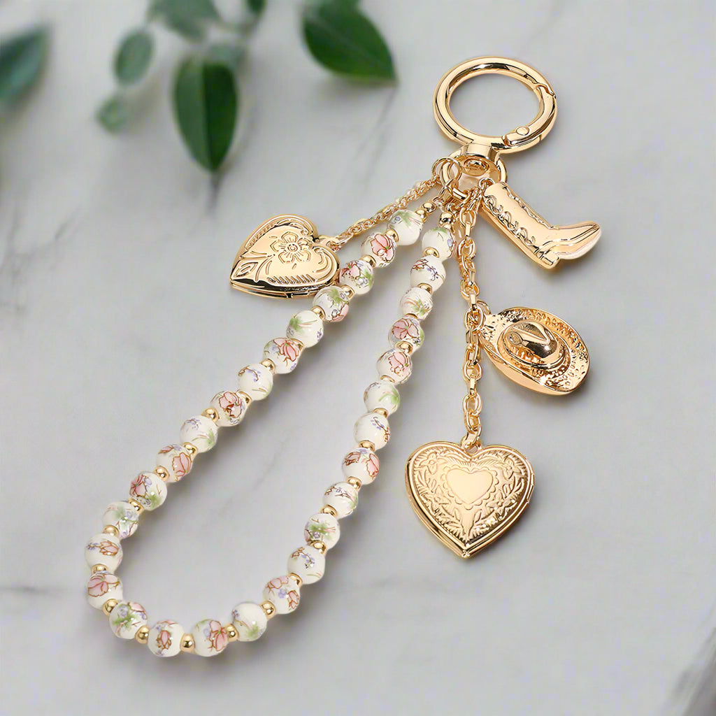 Floral Ceramic Beaded Wristlet Keychain with Metal Heart Locket