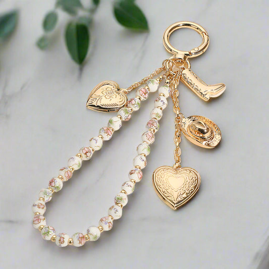 Floral Ceramic Beaded Wristlet Keychain with Metal Heart Locket