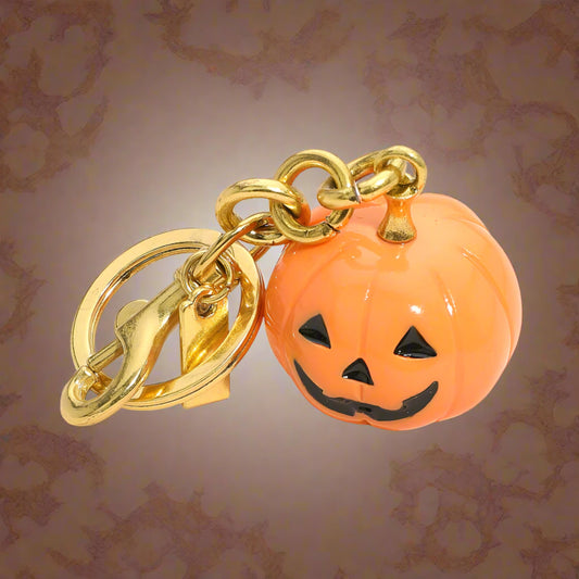 Spooky Orange Pumpkin Jack-O-Lantern Keychain with Gold-Tone Hardware