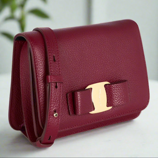 Ferragamo Vara Bow Burgundy Crossbody Bag with Gold Accents