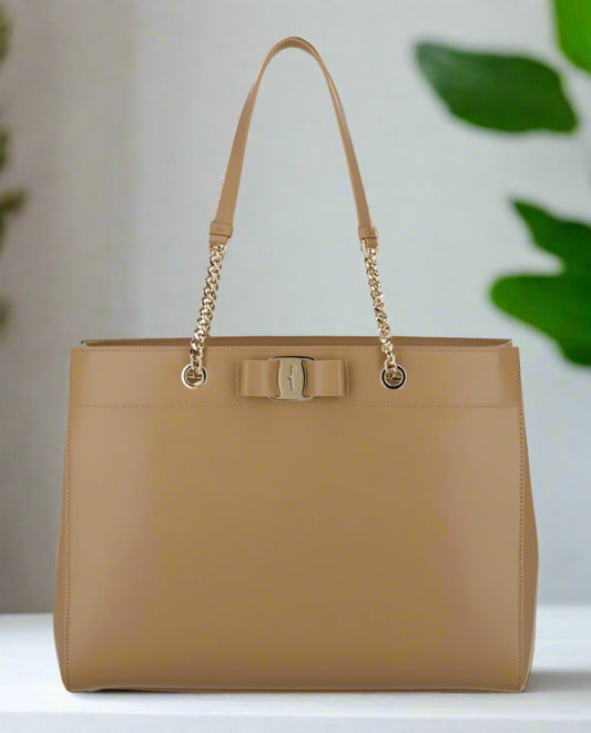 Salvatore Ferragamo Brown Vara Bow Smooth Leather Tote Bag