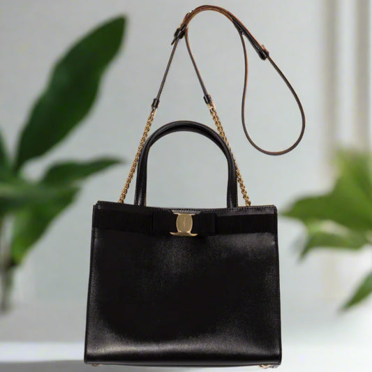 Salvatore Ferragamo Black Luxury Leather Tote Handbag Elegant