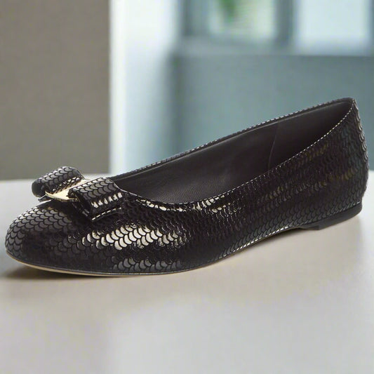 Ferragamo Varina Black Sequin Suede Flat Luxury Women's Shoes