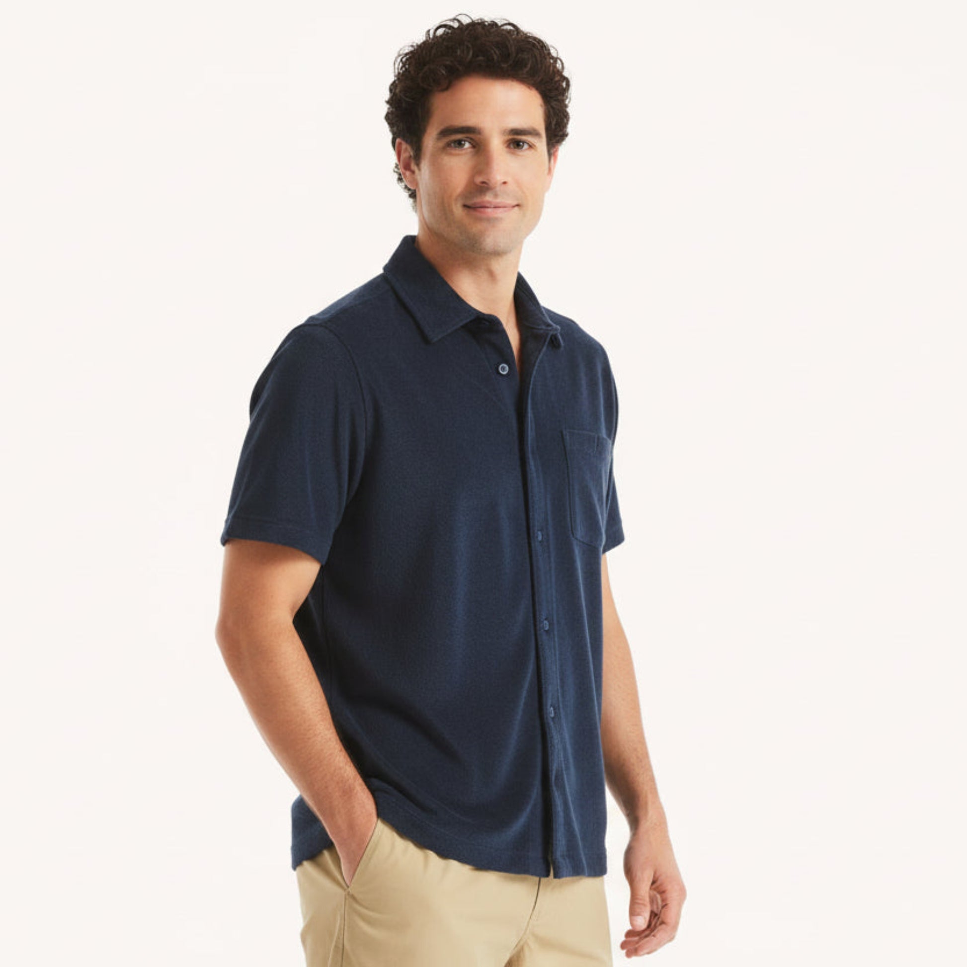 Nautica Mens Classic Fit Button-Front Terry Polo Shirt Navy
