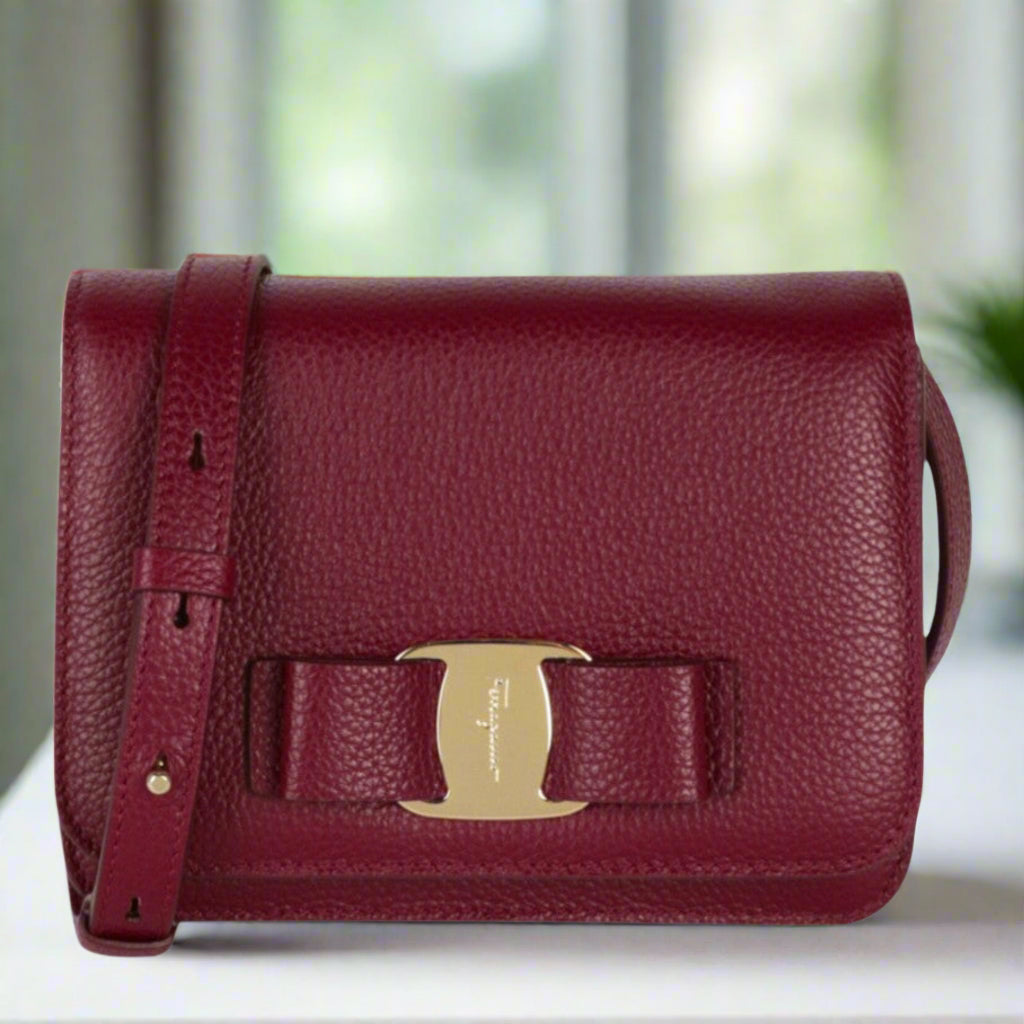Ferragamo Vara Bow Burgundy Crossbody Bag with Gold Accents