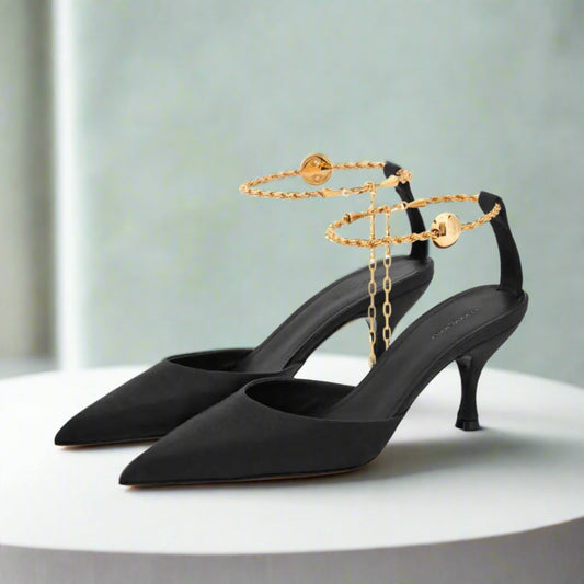 Salvatore Ferragamo Satin Black 70mm Cable-Link Chain Pointed Toe Pumps