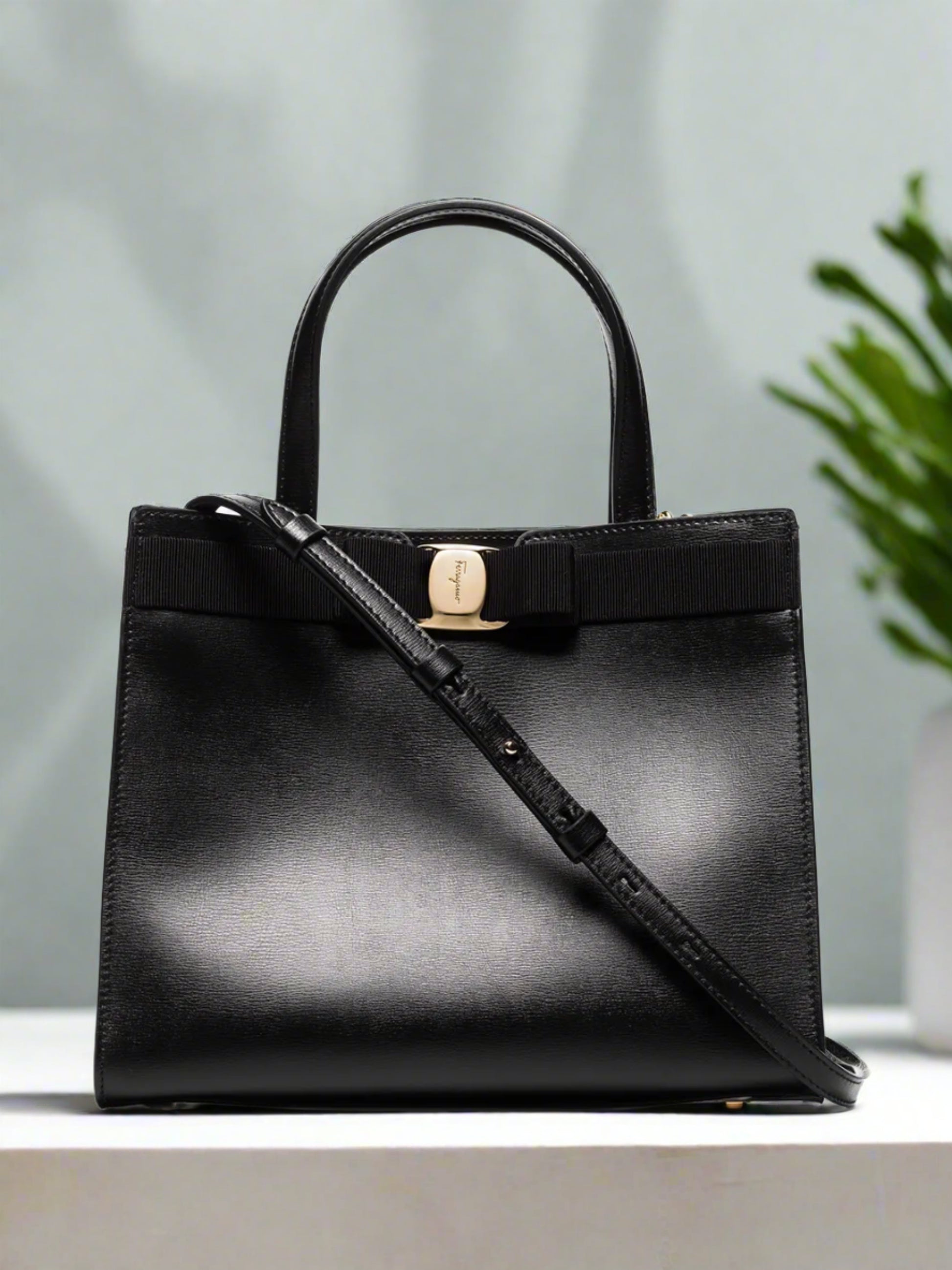 Salvatore Ferragamo Black Luxury Leather Tote Handbag Elegant