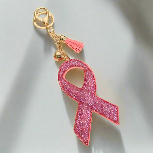 Sparkling Pink Plush Ribbon Keychain with Studded Back and Tassel