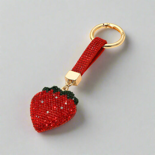 Sparkling Rhinestone Strawberry Bag Charm Keychain with Gold Ring