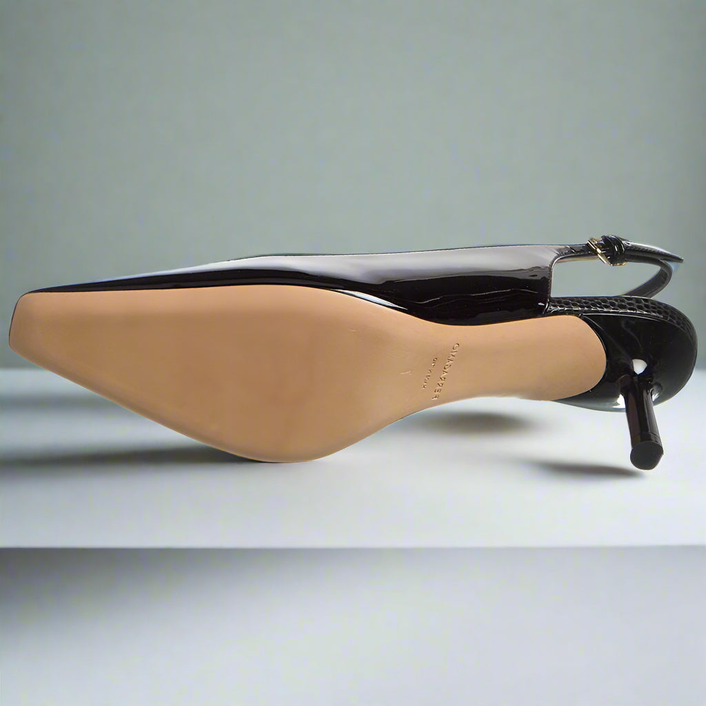 Salvatore Ferragamo Black Patent Slingback Pump with Gold Hardware