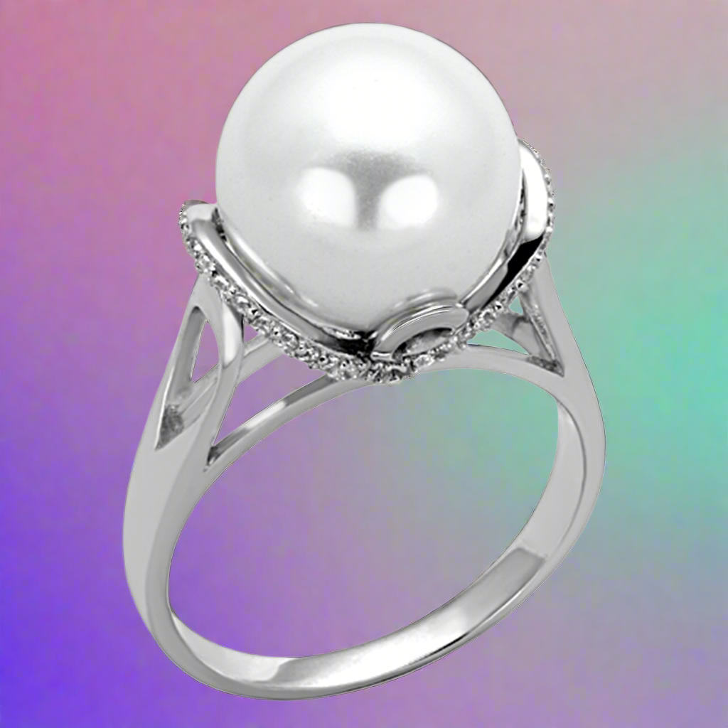 Rhodium 925 Sterling Silver Ring with Synthetic Pearl in White