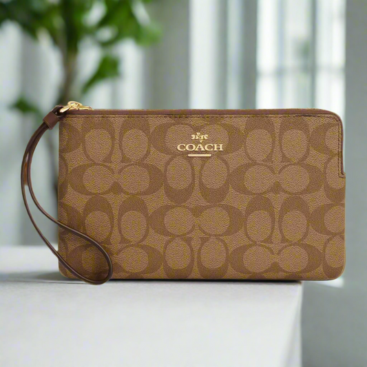 Coach Large Corner Zip Wristlet in Signature Canvas Beige