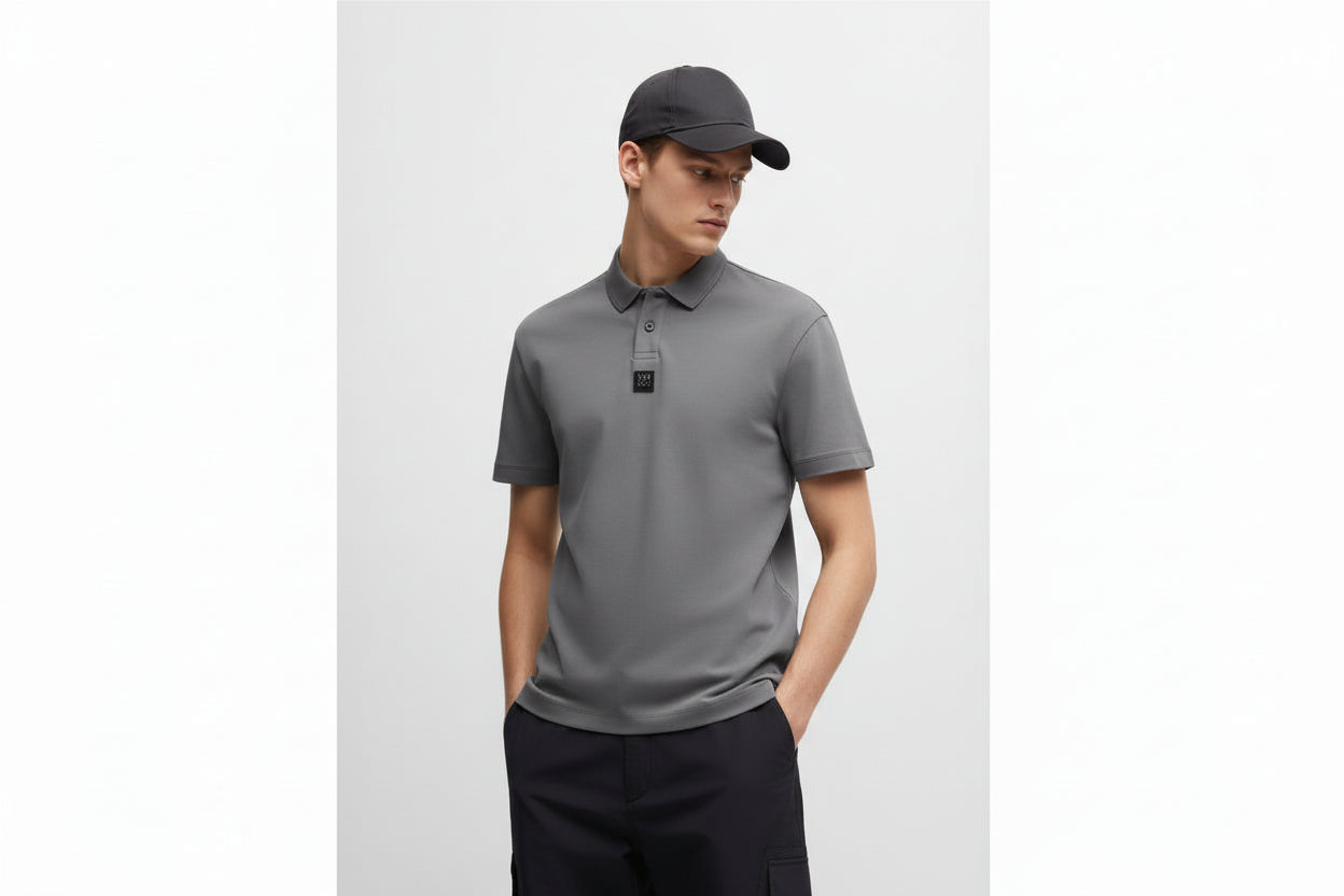 Men's Light Grey Interlock Cotton Polo Shirt with Stacked Logo