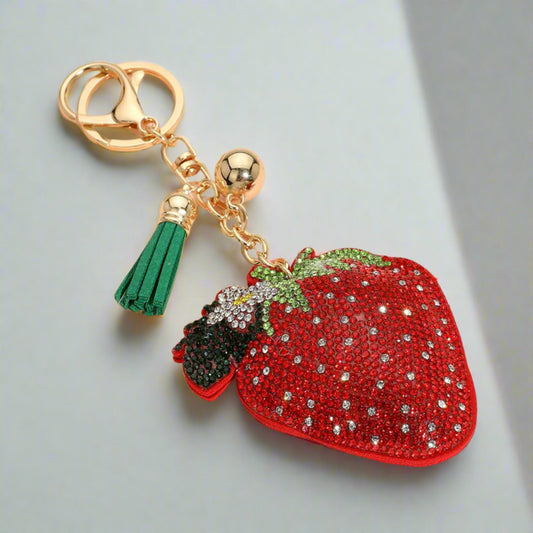 Rhinestone Strawberry Keychain Bag Charm – 6.25" x 2.5" x 3"