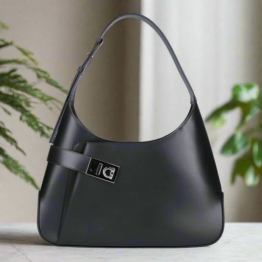 Salvatore Ferragamo Hobo L Leather Shoulder Bag Black Elegant