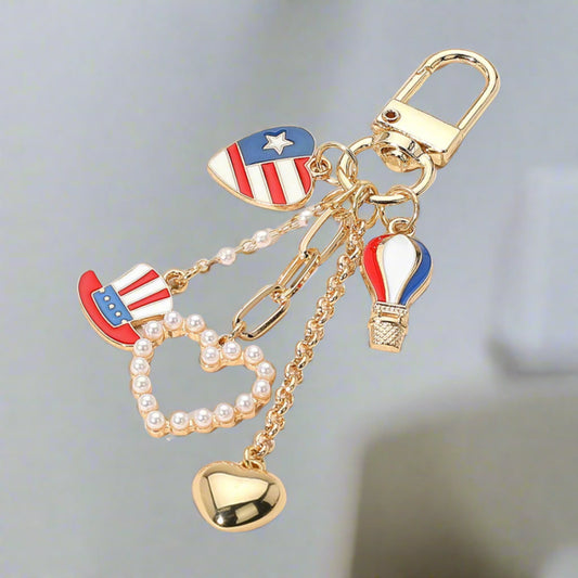 Patriotic Enamel Flag Hat Balloon Pearl Heart Dangle Keychain