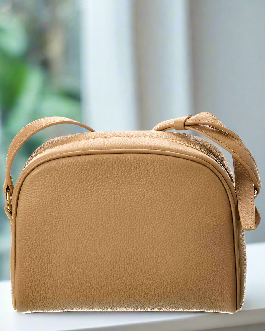 Ferragamo Camel Leather Shoulder Bag with Gold‑Tone Gancini Detail