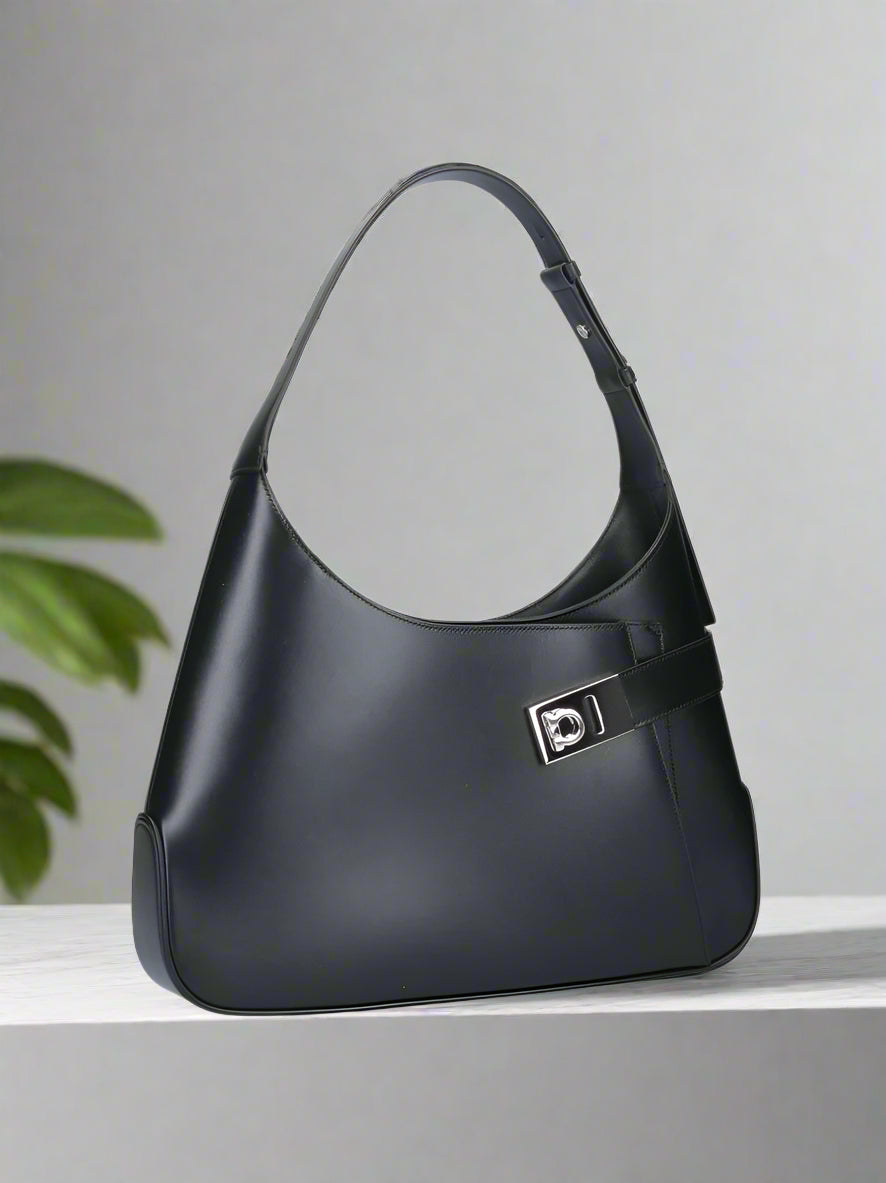 Salvatore Ferragamo Hobo L Leather Shoulder Bag Black Elegant