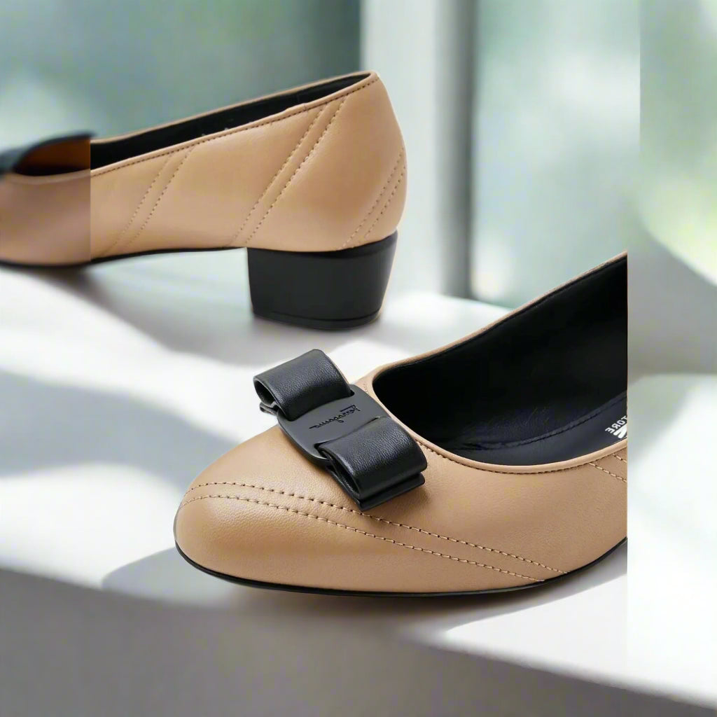 Salvatore Ferragamo Beige Lambskin Ornament Pump Women's Luxury Heels