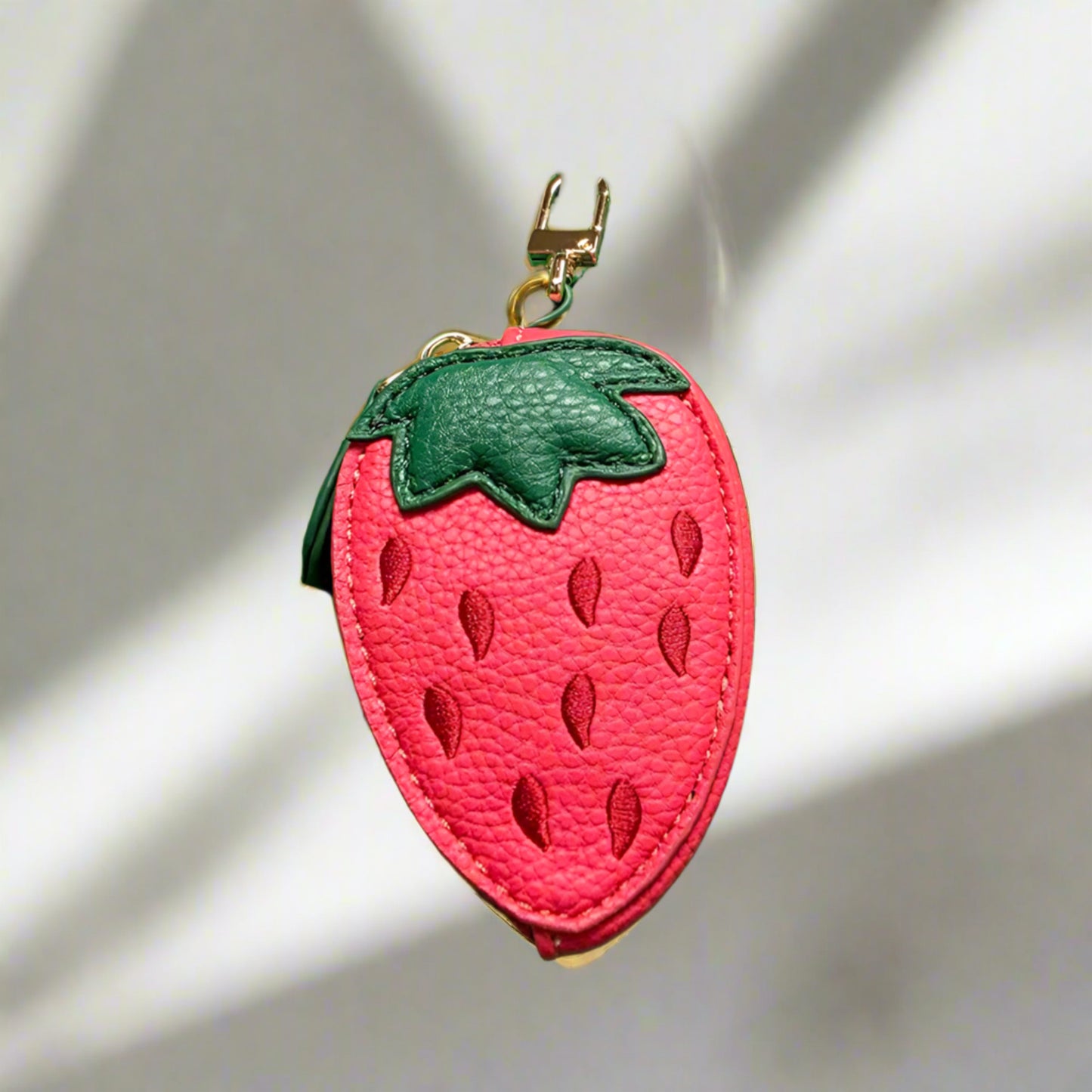 Faux Leather Strawberry Keychain Pouch – Red Zip Coin Purse