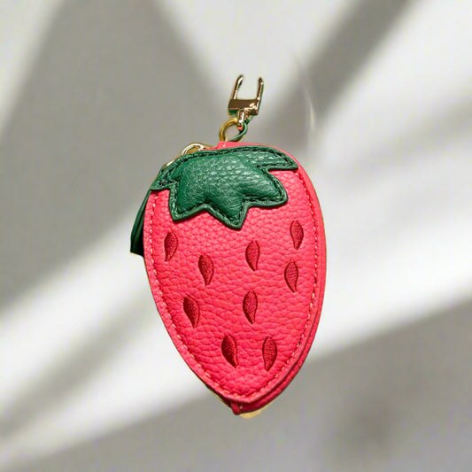 Faux Leather Strawberry Keychain Pouch – Red Zip Coin Purse