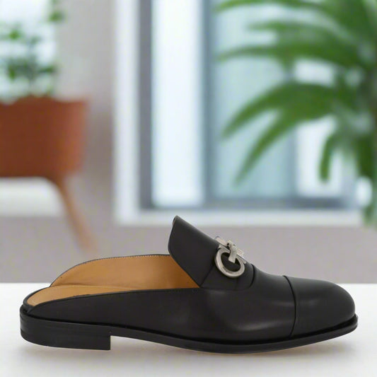 Gab Gancini Black Calfskin Loafer Mules with Silver Accent